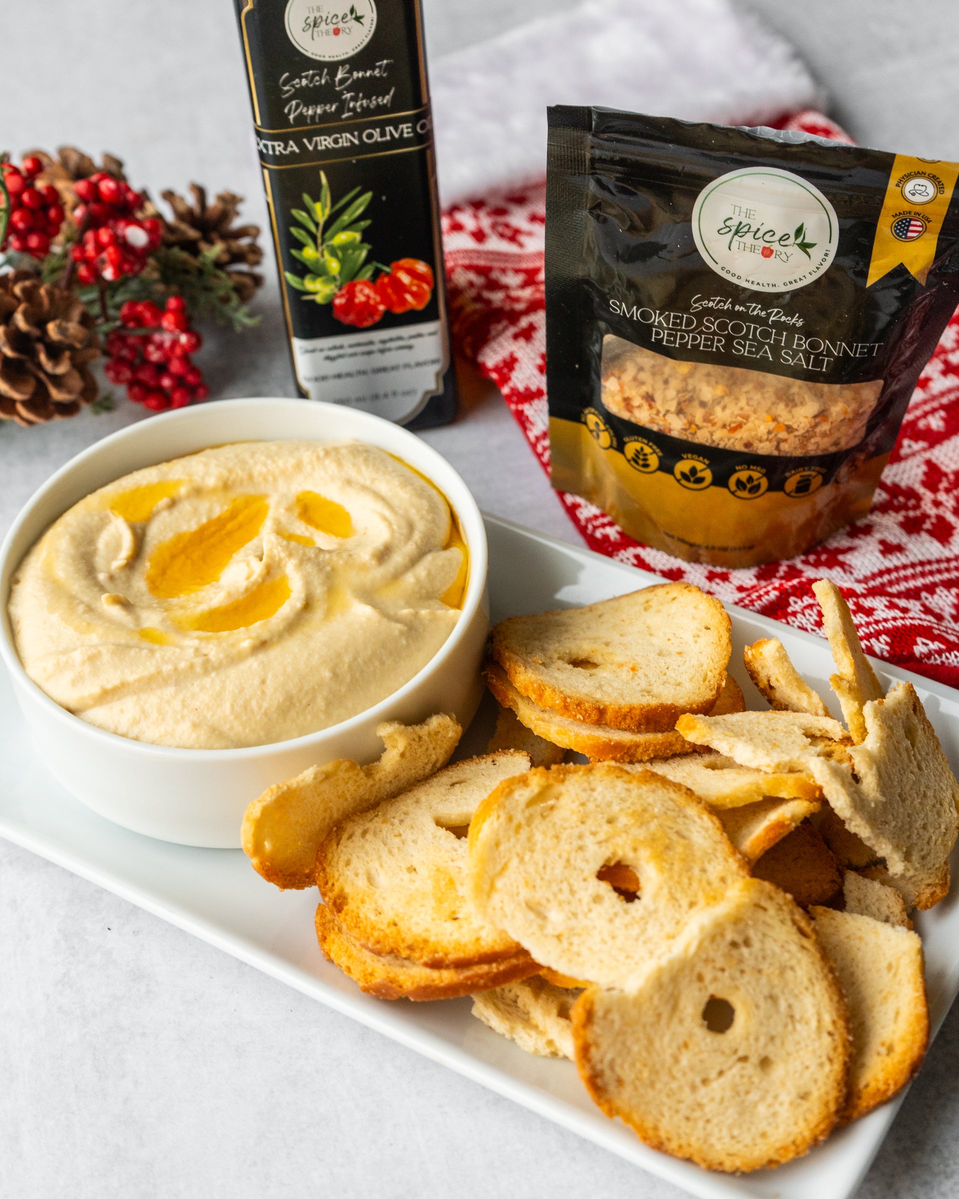 Hummus garnished with Caribbean smoked sea salt