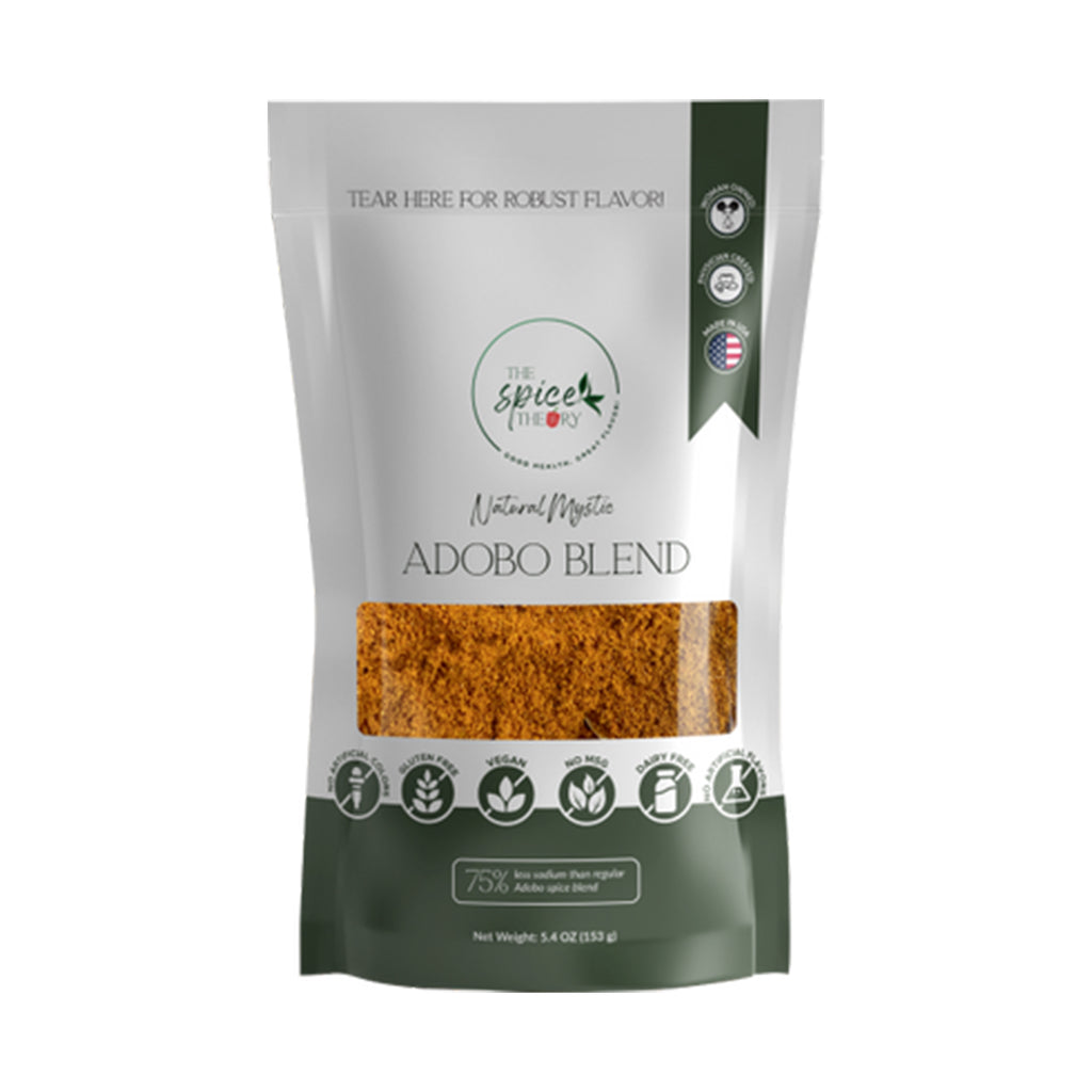 "Natural Mystic" Adobo Blend. 75% less sodium than regular Adobo Blend seasonings. All natural. No MSG. Vegan friendly. Gluten free.