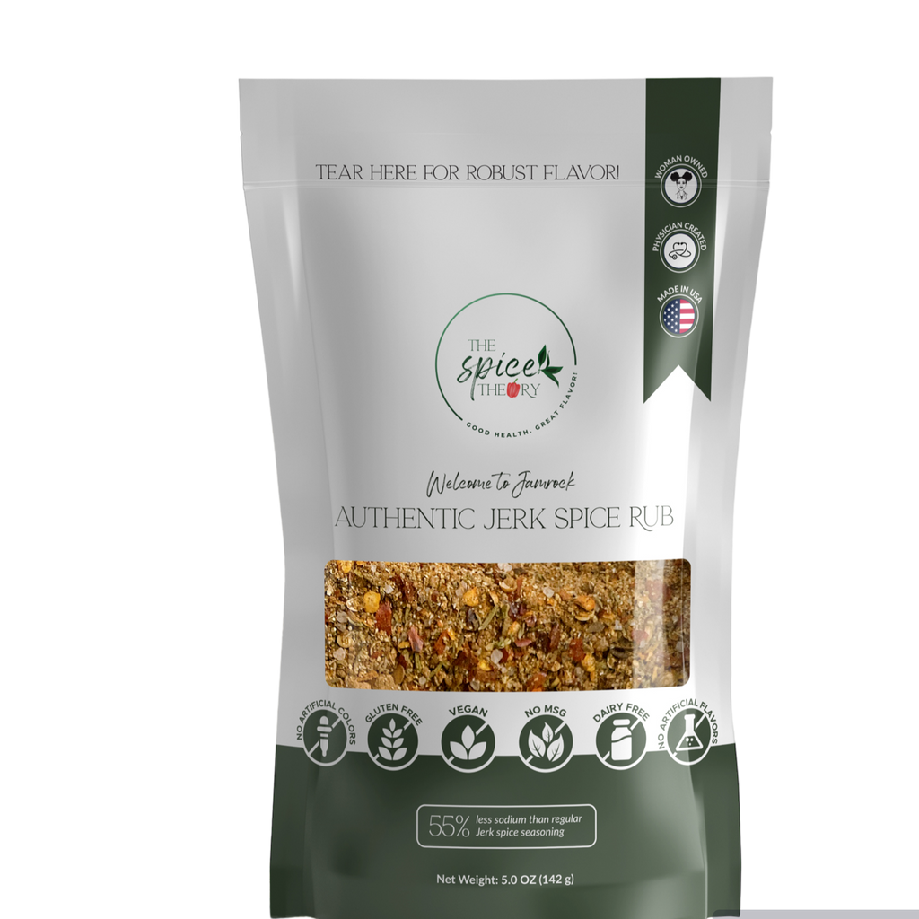 "Welcome to Jamrock" Jerk Spice Rub is 55% less sodium than regular jerk spice seasoning.  All natural. No MSG. Vegan friendly. Gluten free.